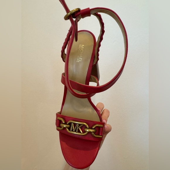 Michael Kors Women Red Kailey Leather Braided Strap Chunky Platform Heels Size 8 - Picture 3 of 15